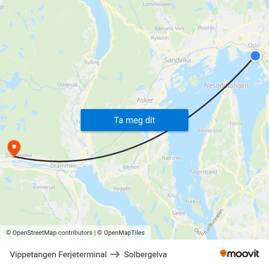 Vippetangen Ferjeterminal to Solbergelva map