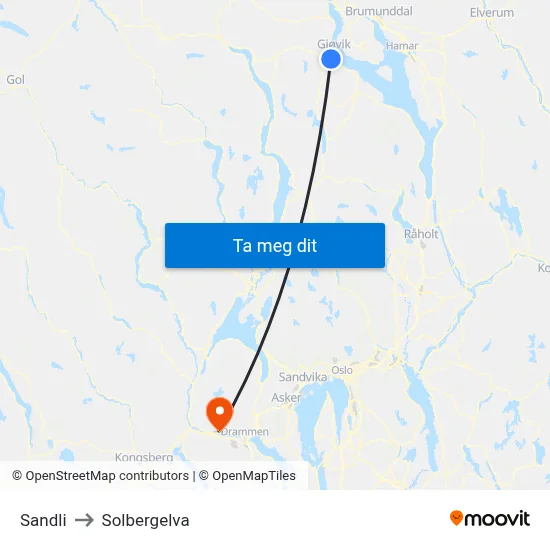 Sandli to Solbergelva map