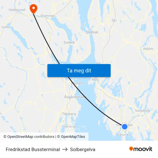 Fredrikstad Bussterminal to Solbergelva map