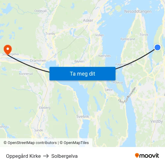 Oppegård Kirke to Solbergelva map