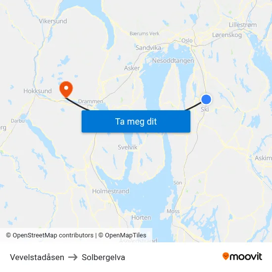 Vevelstadåsen to Solbergelva map