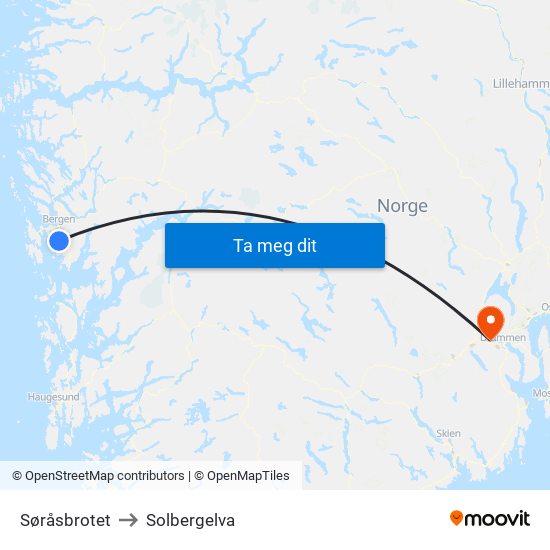 Søråsbrotet to Solbergelva map