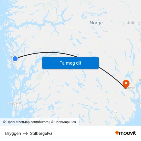 Bryggen to Solbergelva map