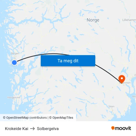 Krokeide Kai to Solbergelva map