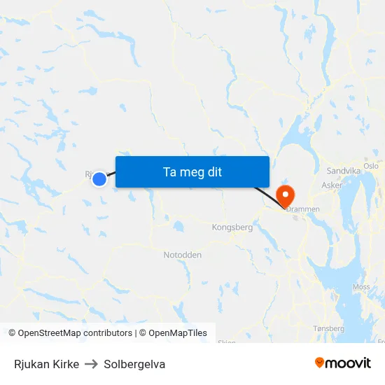 Rjukan Kirke to Solbergelva map