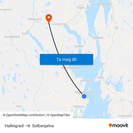 Hallingrød to Solbergelva map