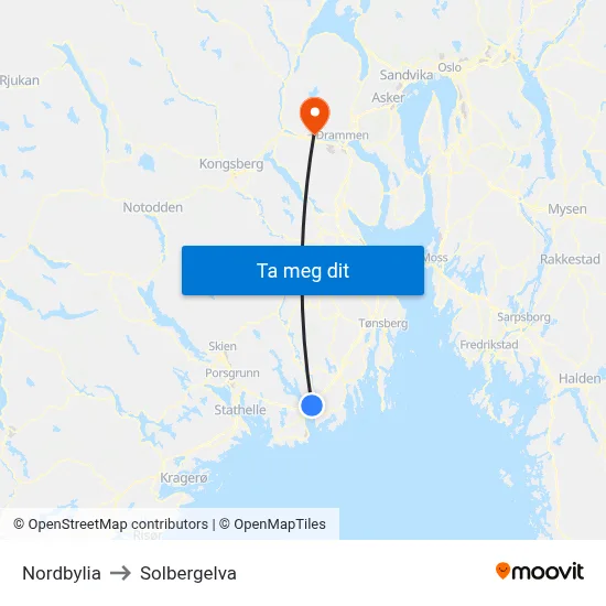Nordbylia to Solbergelva map
