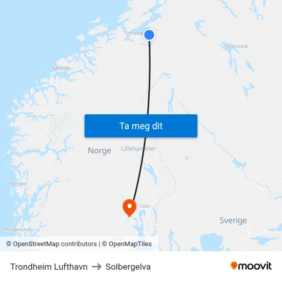 Trondheim Lufthavn to Solbergelva map