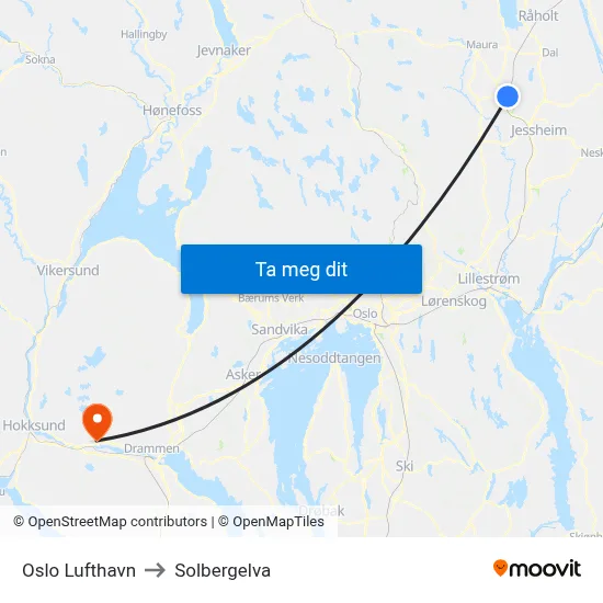 Oslo Lufthavn to Solbergelva map