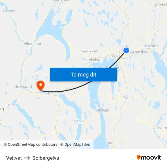 Veitvet to Solbergelva map