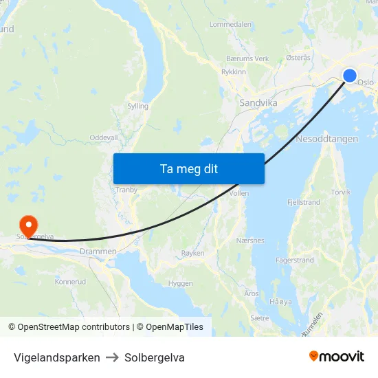 Vigelandsparken to Solbergelva map