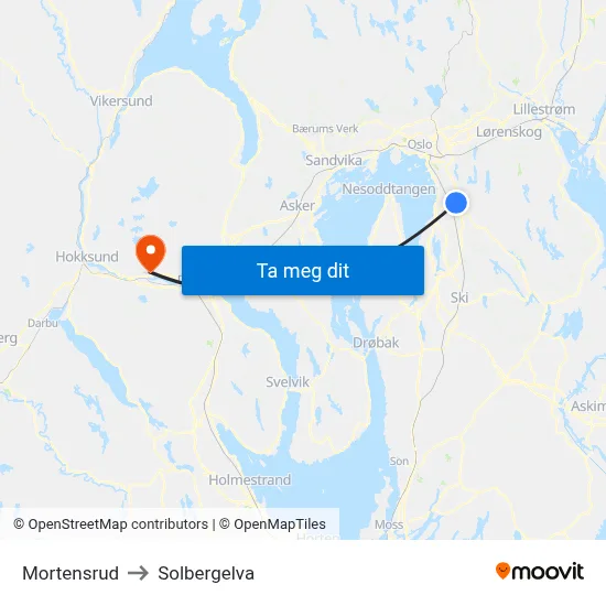 Mortensrud to Solbergelva map