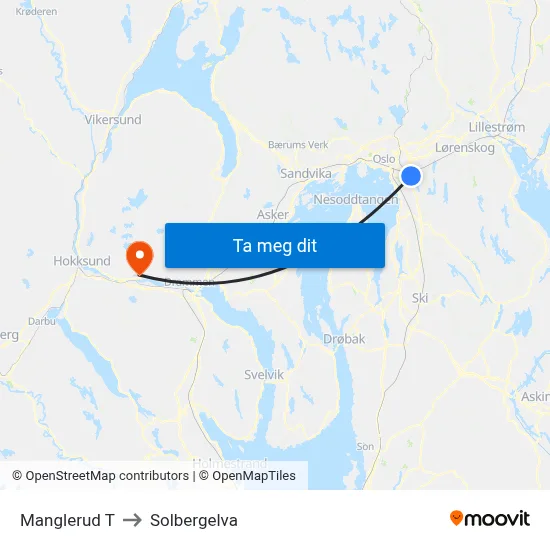 Manglerud T to Solbergelva map