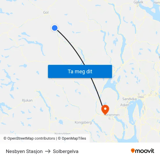 Nesbyen Stasjon to Solbergelva map