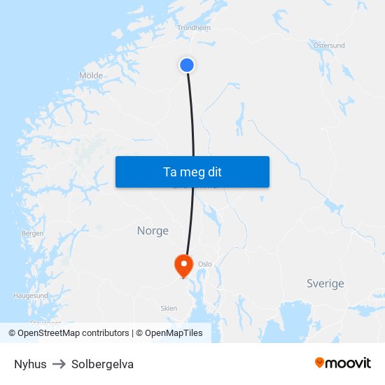 Nyhus to Solbergelva map