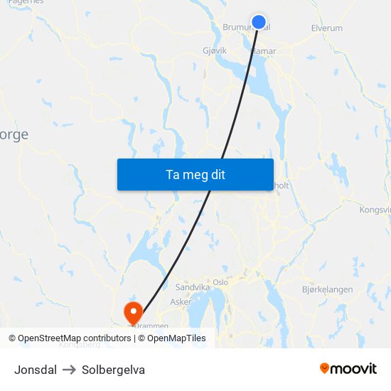 Jonsdal to Solbergelva map