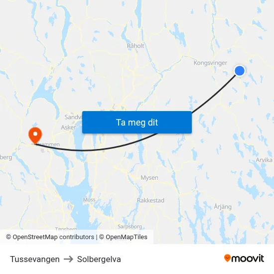 Tussevangen to Solbergelva map