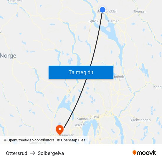 Ottersrud to Solbergelva map