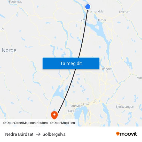 Nedre Bårdset to Solbergelva map