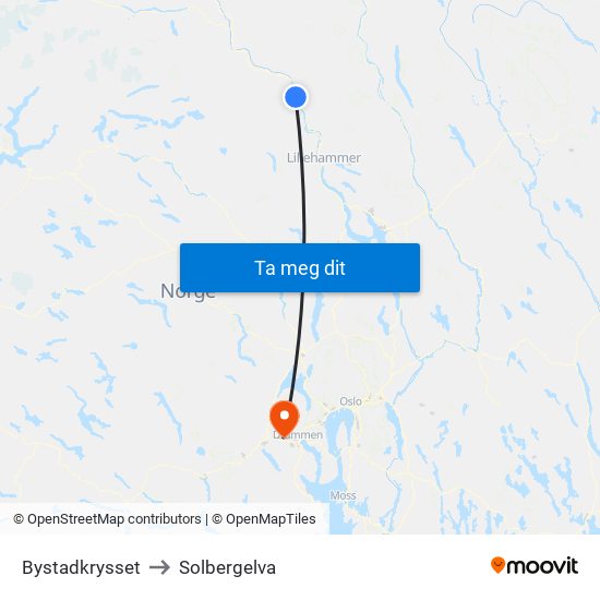 Bystadkrysset to Solbergelva map