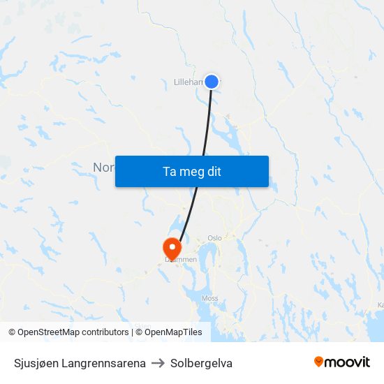 Sjusjøen Langrennsarena to Solbergelva map