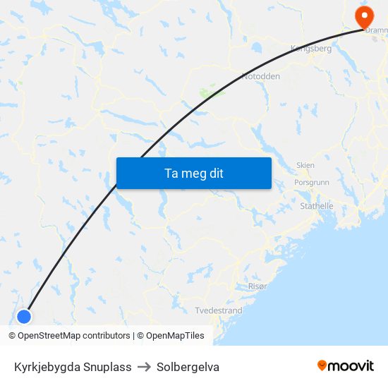 Kyrkjebygda Snuplass to Solbergelva map