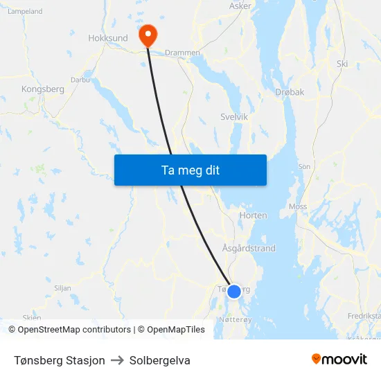 Tønsberg Stasjon to Solbergelva map