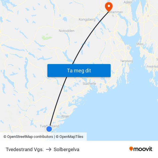 Tvedestrand Vgs. to Solbergelva map