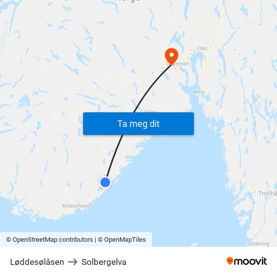 Løddesølåsen to Solbergelva map