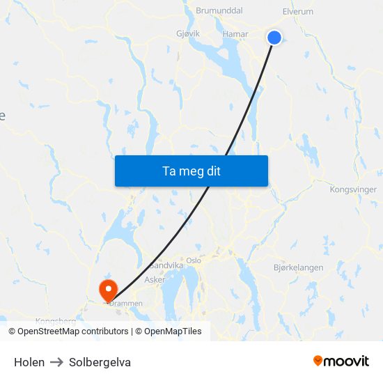 Holen to Solbergelva map