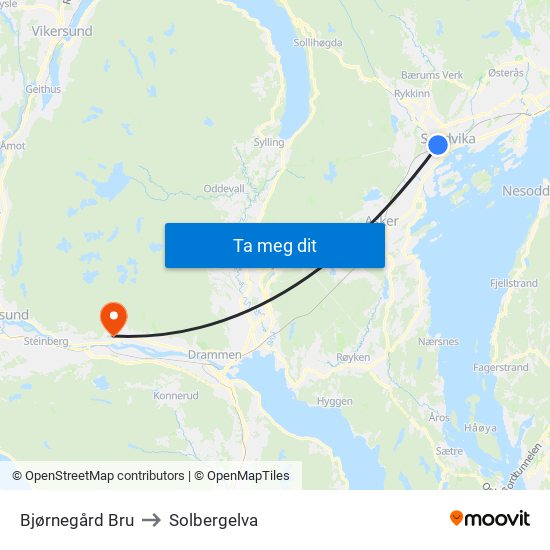 Bjørnegård Bru to Solbergelva map