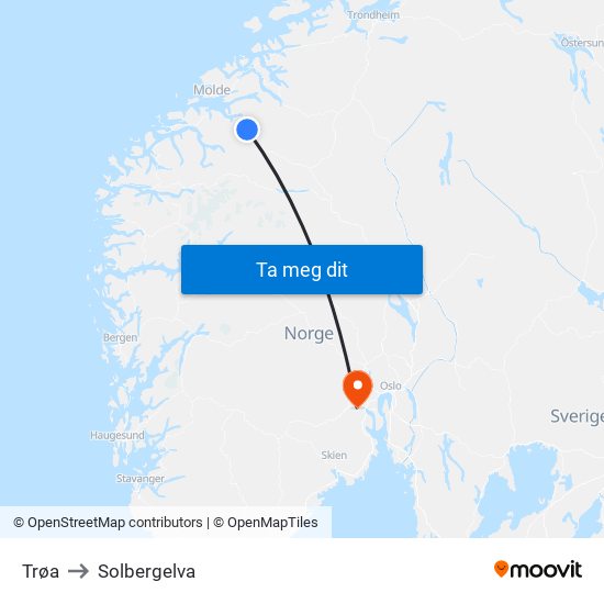 Trøa to Solbergelva map