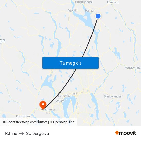 Røhne to Solbergelva map