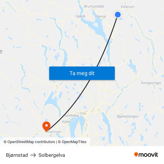 Bjørnstad to Solbergelva map