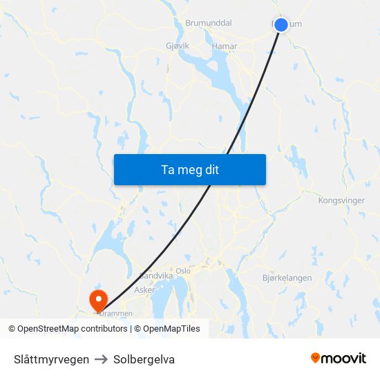 Slåttmyrvegen to Solbergelva map