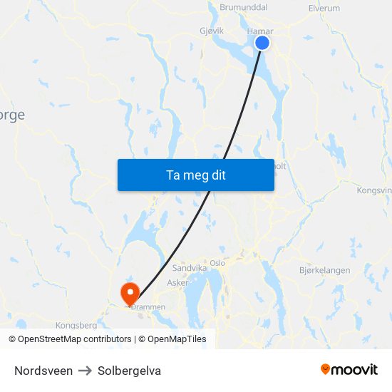 Nordsveen to Solbergelva map