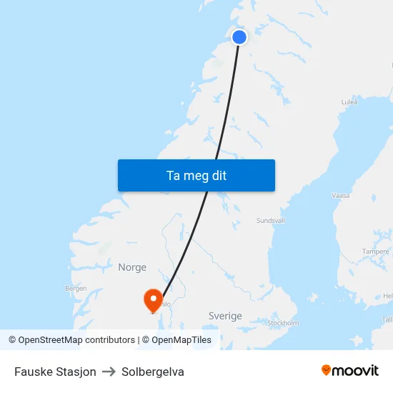 Fauske Stasjon to Solbergelva map