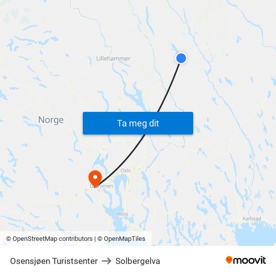 Osensjøen Turistsenter to Solbergelva map