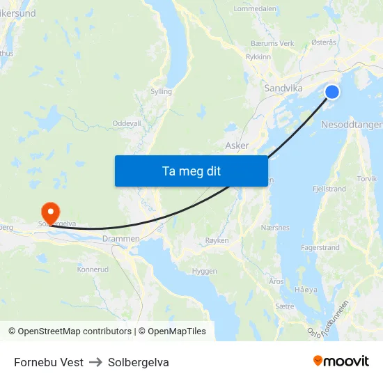 Fornebu Vest to Solbergelva map