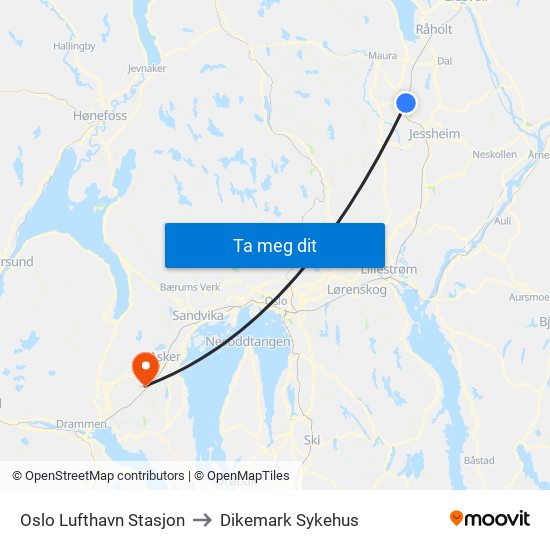 Oslo Lufthavn Stasjon to Dikemark Sykehus map