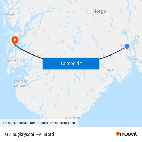 Gullaugkrysset to Stord map