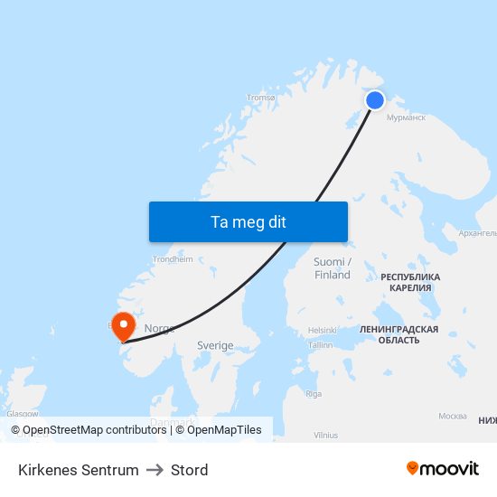 Kirkenes Sentrum to Stord map