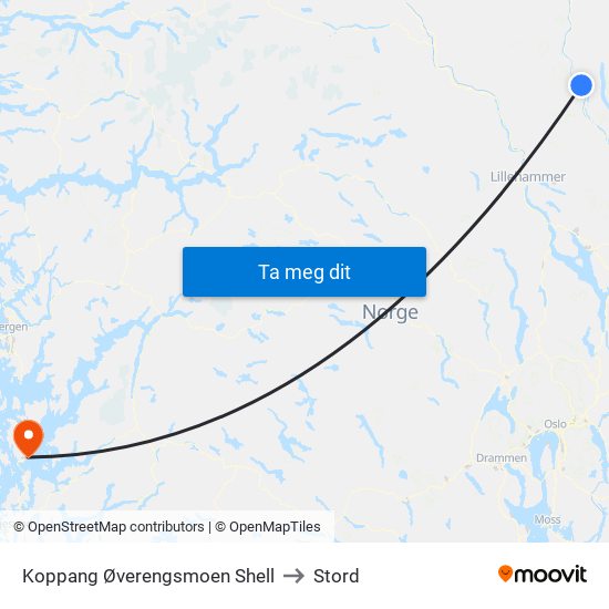 Koppang Øverengsmoen Shell to Stord map