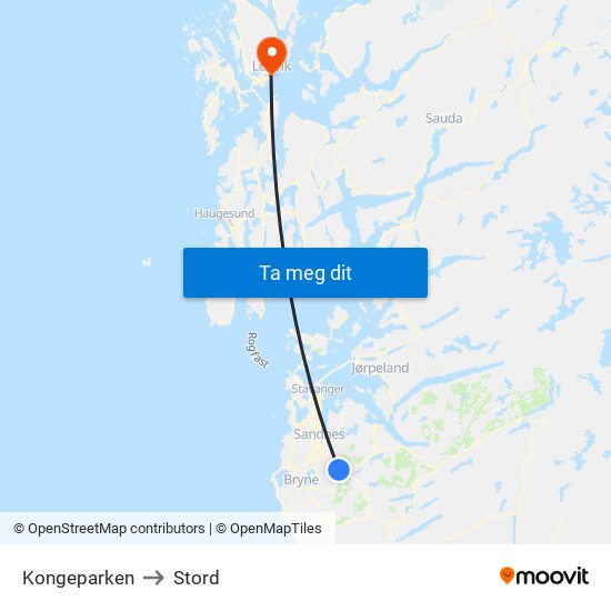 Kongeparken to Stord map