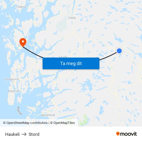 Haukeli to Stord map