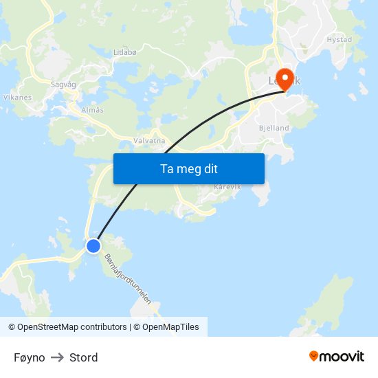 Føyno to Stord map