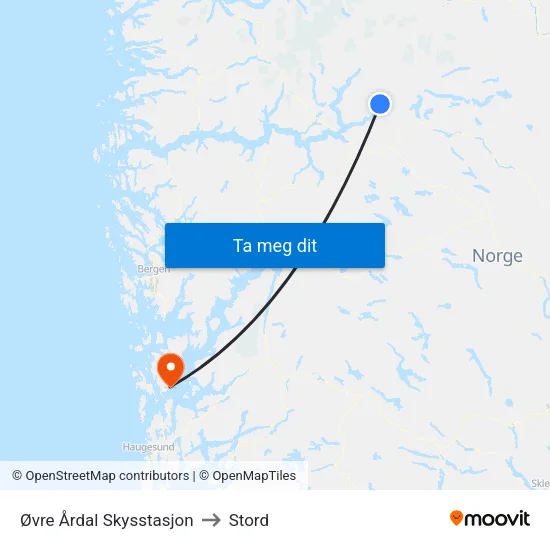 Øvre Årdal Skysstasjon to Stord map