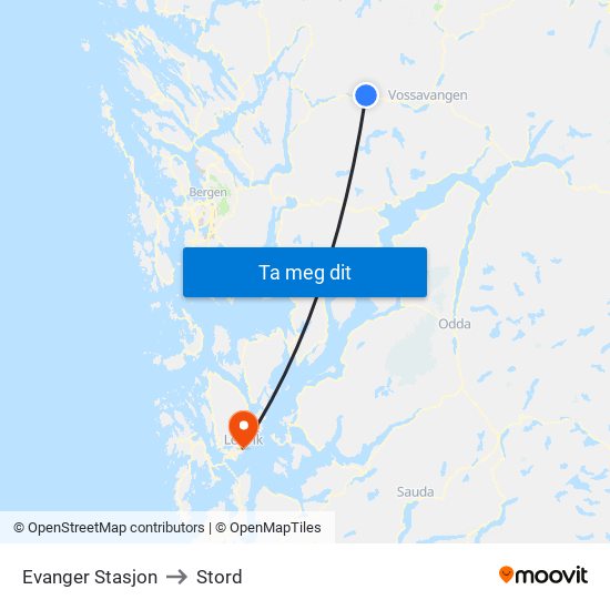 Evanger Stasjon to Stord map