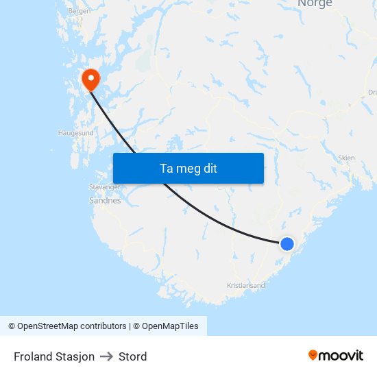 Froland Stasjon to Stord map