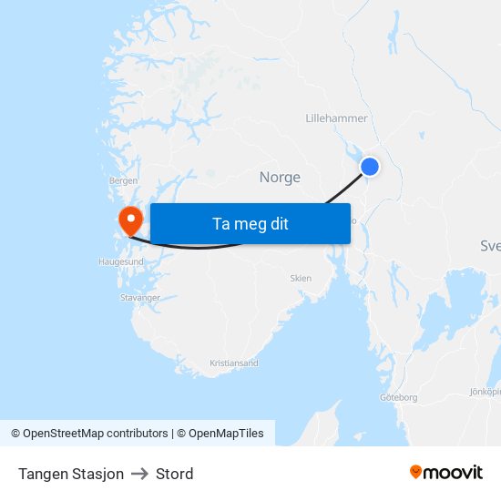 Tangen Stasjon to Stord map